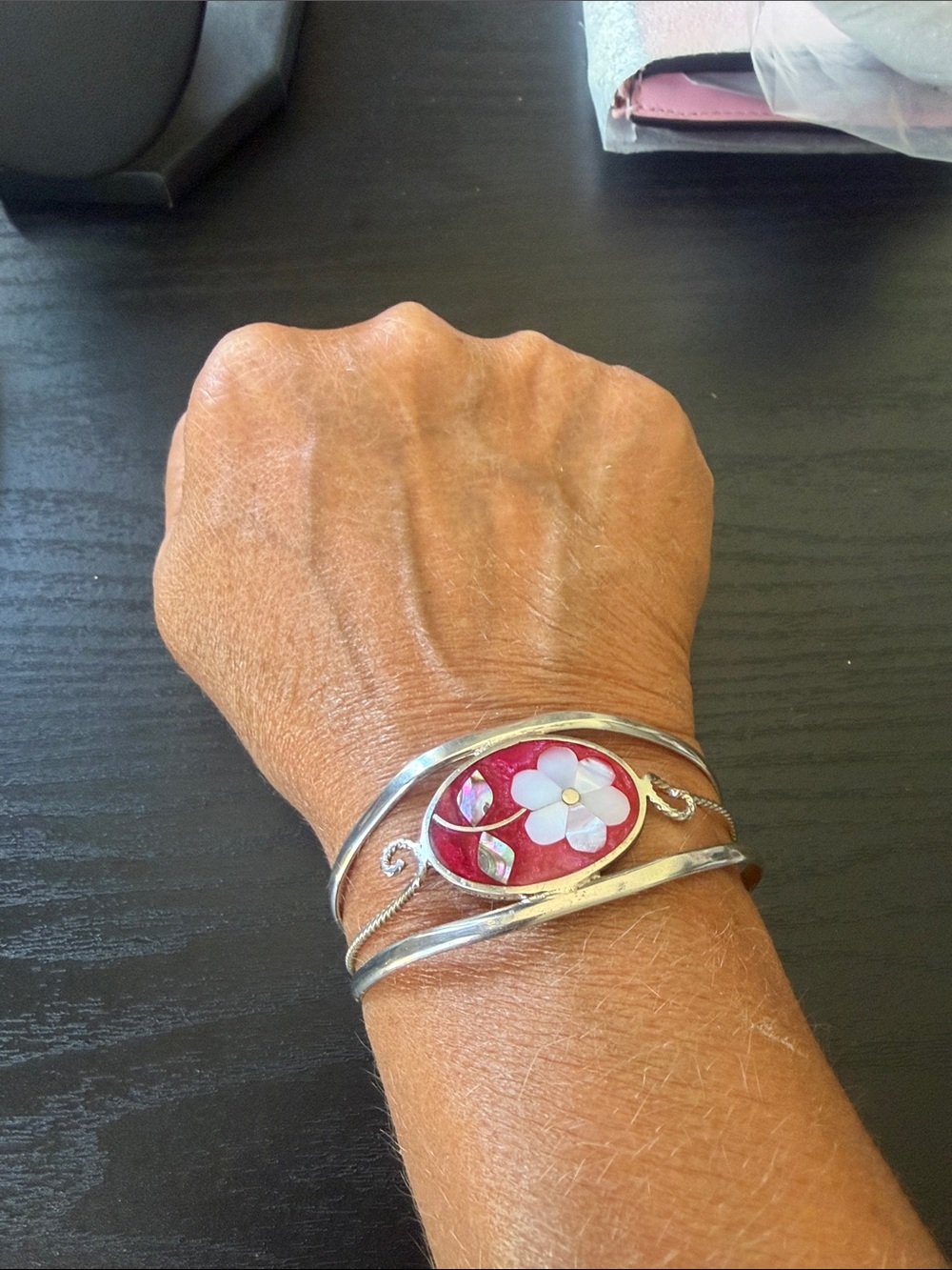 Source Unknown Red and White Floral Silver Cuff Bracelet